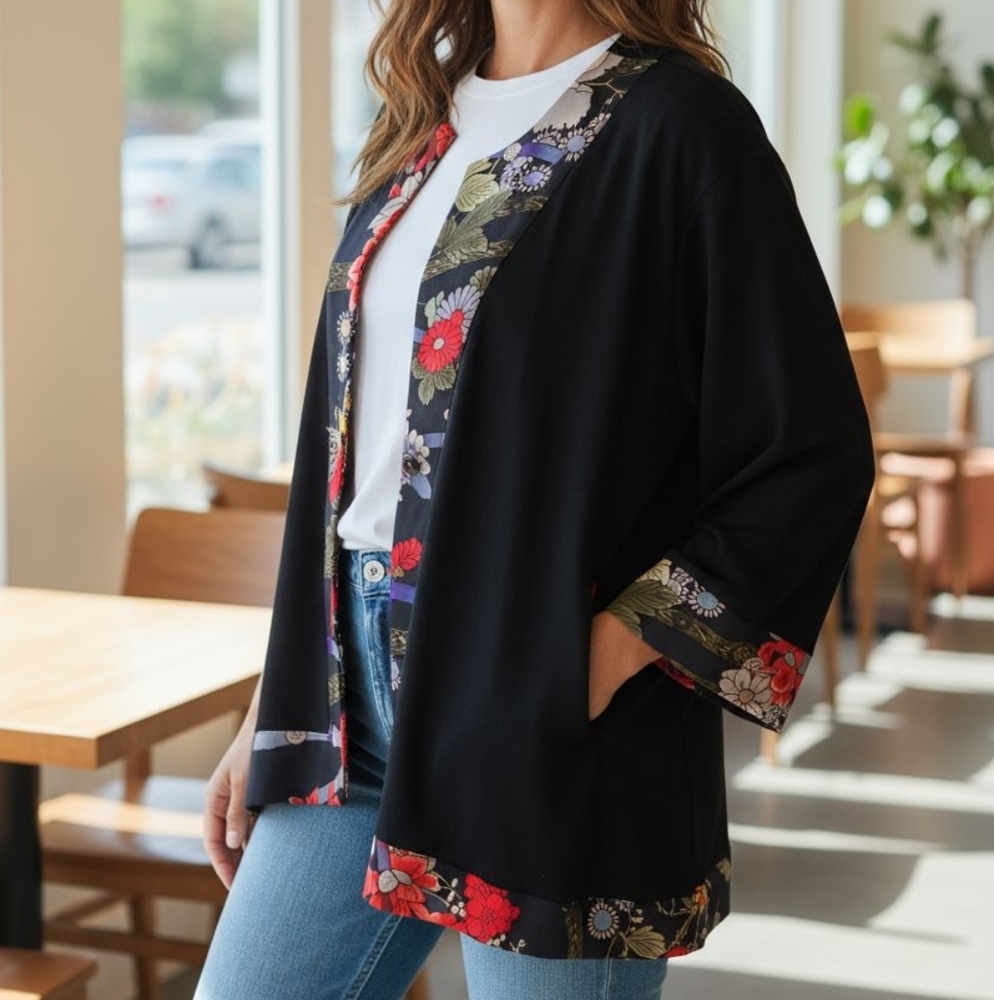 NWT Channa Floral Trim Black Kimono Cardigan. Size 2XL. - Picture 12 of 15